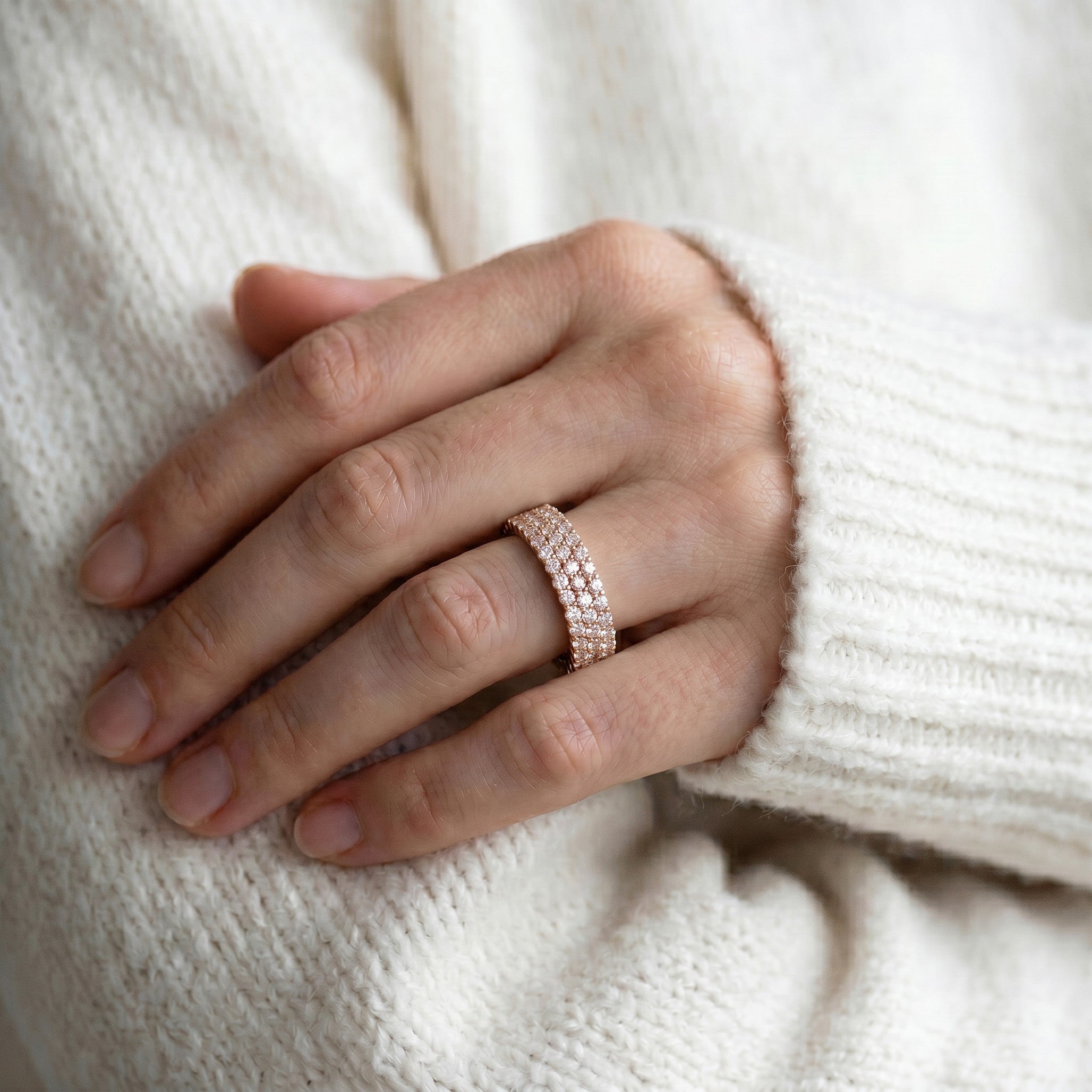 Three-Row Diamonds Pavé Ring, 14K Rose Gold