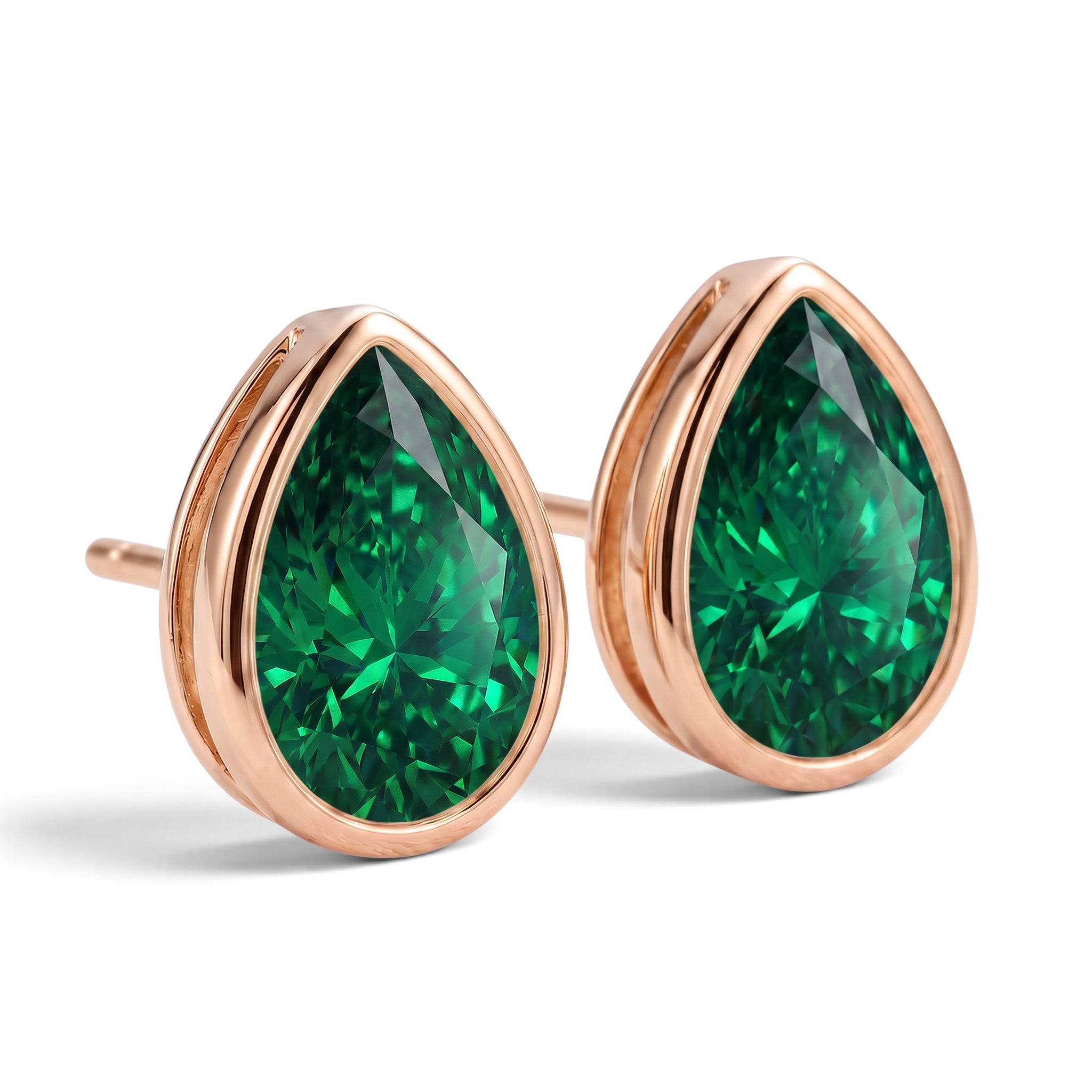 La Poire® Bezel Emerald Stud Earrings, 14K Rose Gold