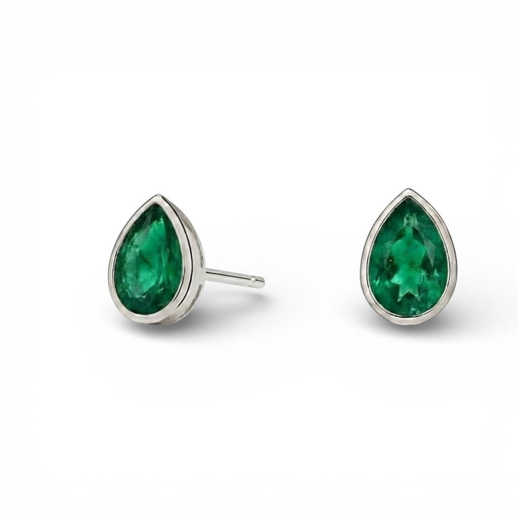 La Poire® Bezel Emerald Stud Earrings, 14K White Gold