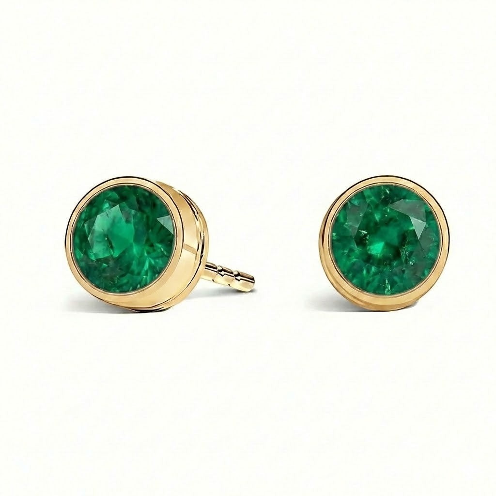 La Ronde® Bezel Emerald Stud Earrings, 14K Gold