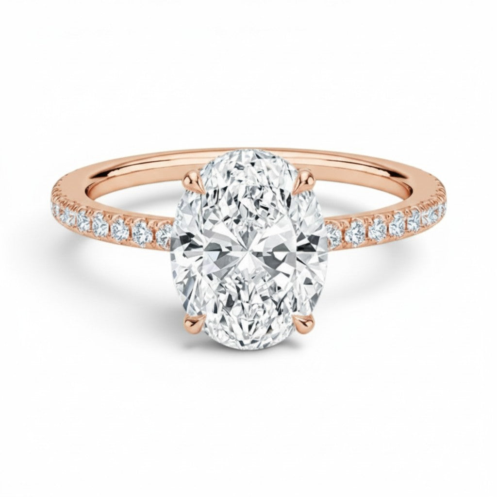 L'Ovale® Pavé Solitaire 3ct Diamond Ring, 14K Rose Gold