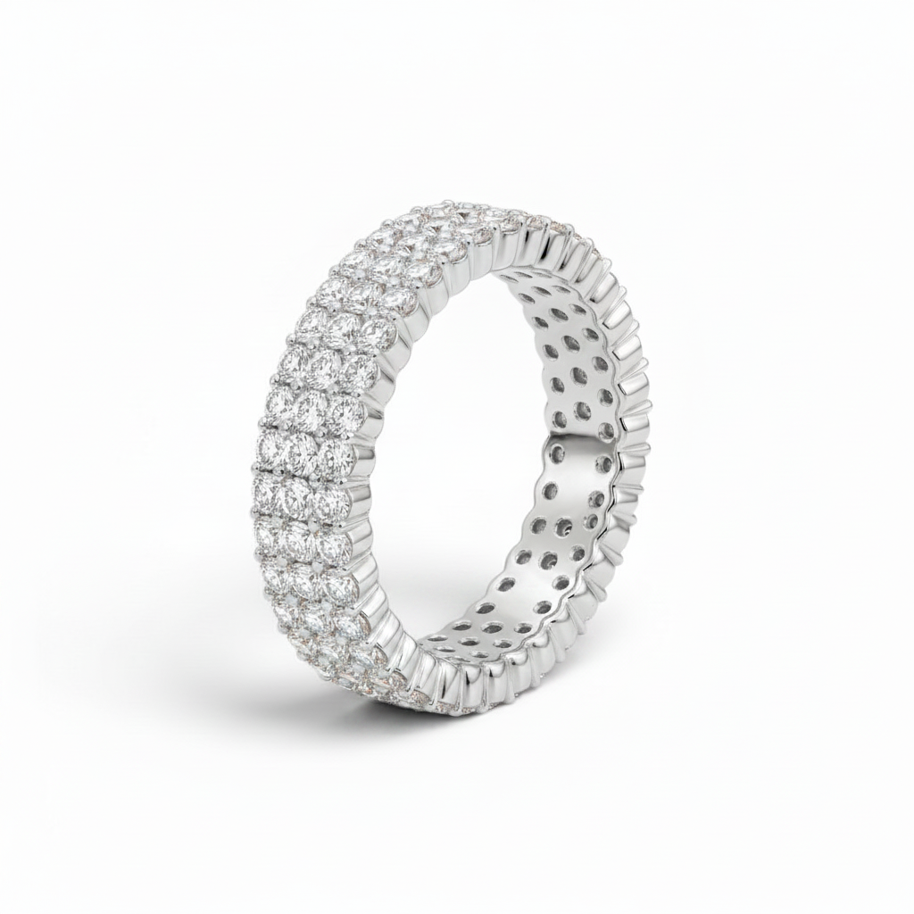 Three-Row Diamonds Pavé Ring, Platinum
